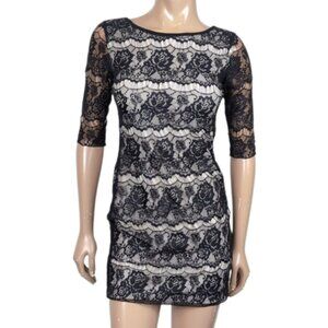 Costa Blanca Lace Illusion Dress Crop Sleeve Mini Bodycon Ballet Black White